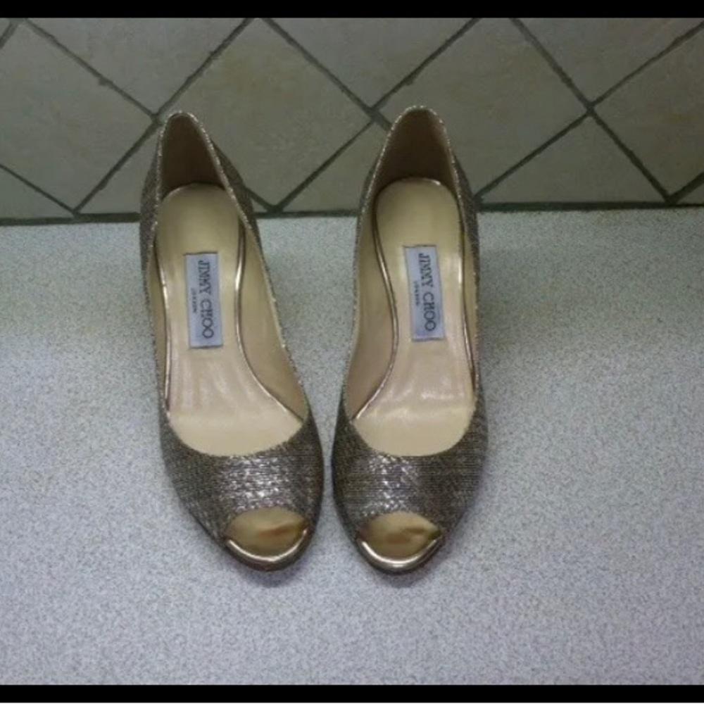 Jimmy Choo ISABEL Champagne Glitter Fabric Open Toe Pump Shoe $595 Sz 37 - Picture 2 of 4
